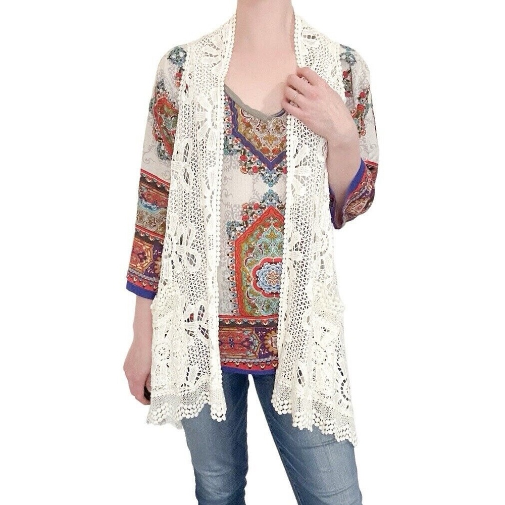 Johnny Was Crochet Lace Floral Boho Vest Ivory - Womens M EUC